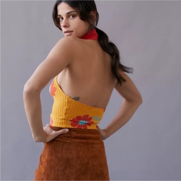 NWT Urban Outfitters Zoe Floral Ribbed Tie Front Halter Top M - Picture 7 of 10